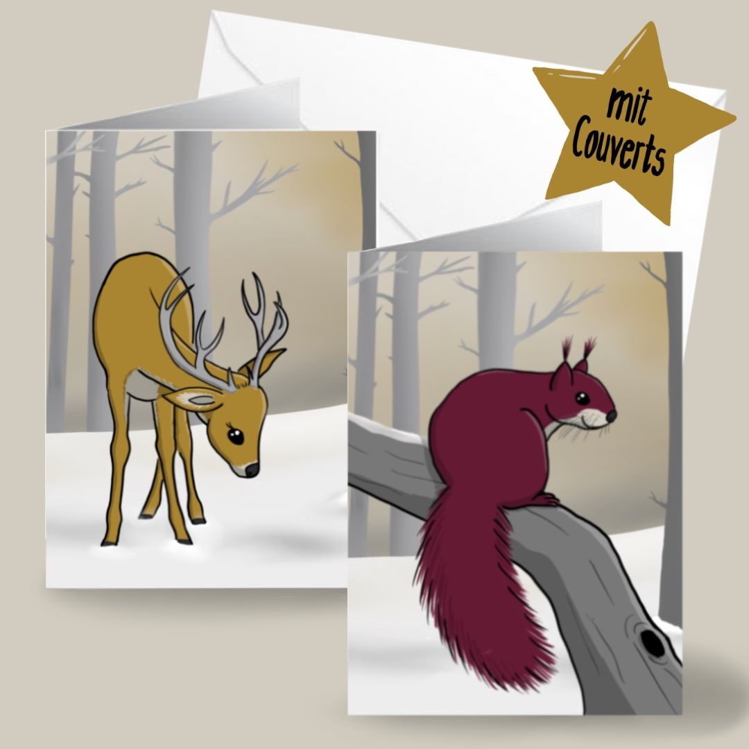 Weihnachtskarte, Set mit einem Hirsch und einem Eichhörchnen im Wald mit Schnee, Design by speakture, inkliusive Couverts