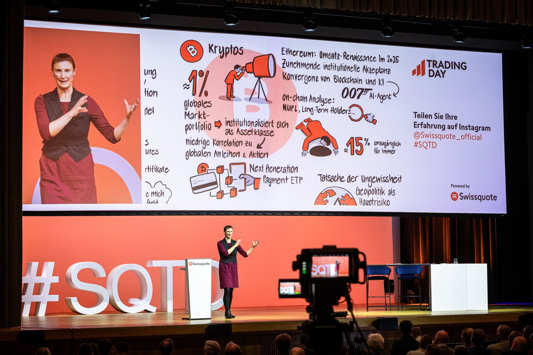 Swissquote Trading Day 2025: Dana Rulf von speakture machte ein Graphic Recording der gesamten Veranstaltung und präsentiere zum Schluss die Visualisierung. Photo: Antoine Tardy for Swissquote (all rights reserved).