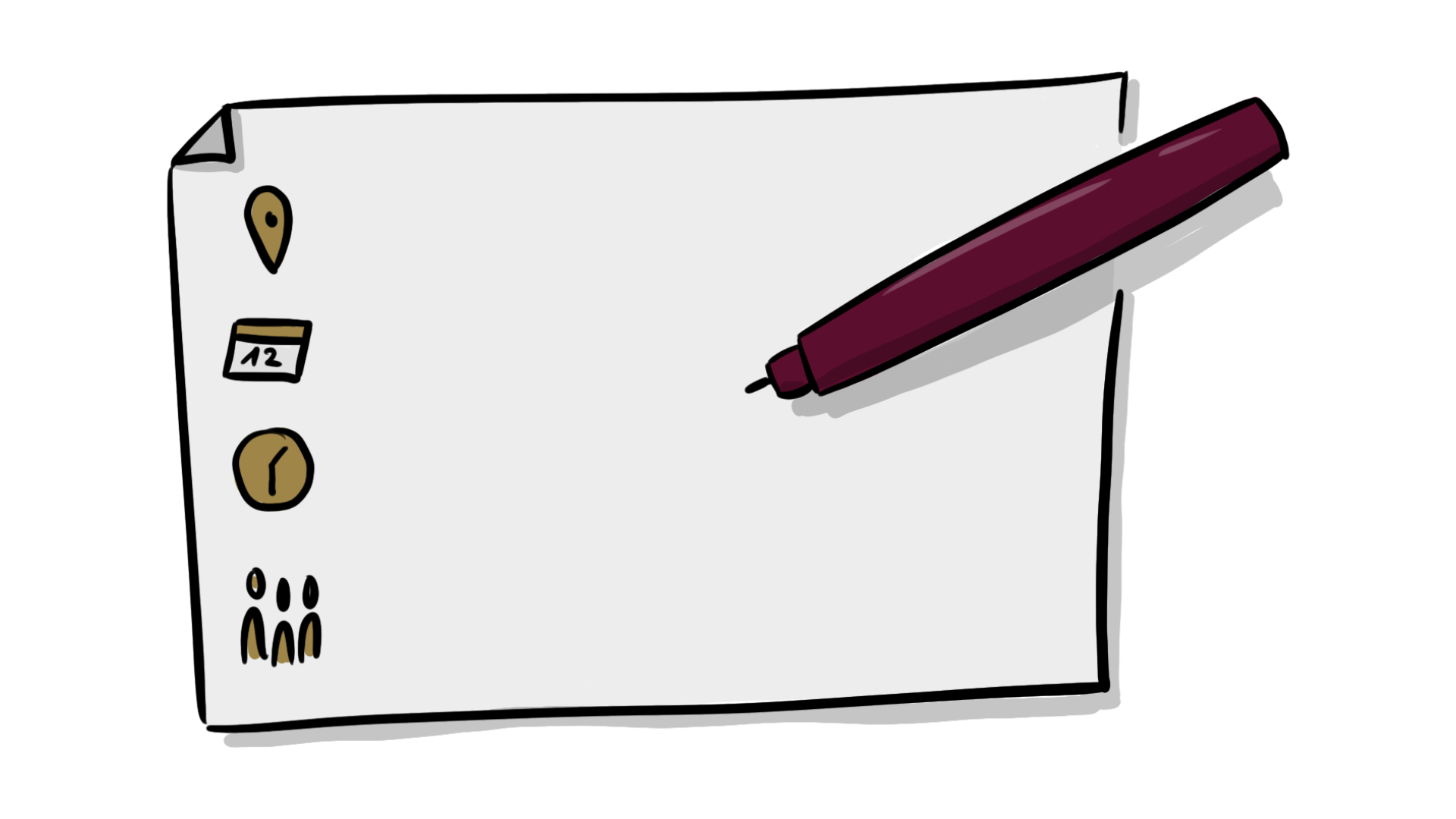 Papier und Stift mit Angaben zu Ort, Zeit, Datum, Personen, visualisiiert von speakture