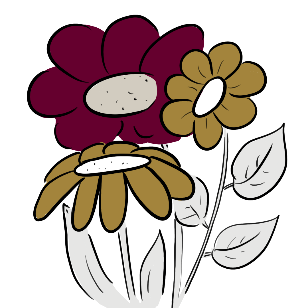 Drei blühende Blumen mit Blüten und Blättern, visualisiert von speakture