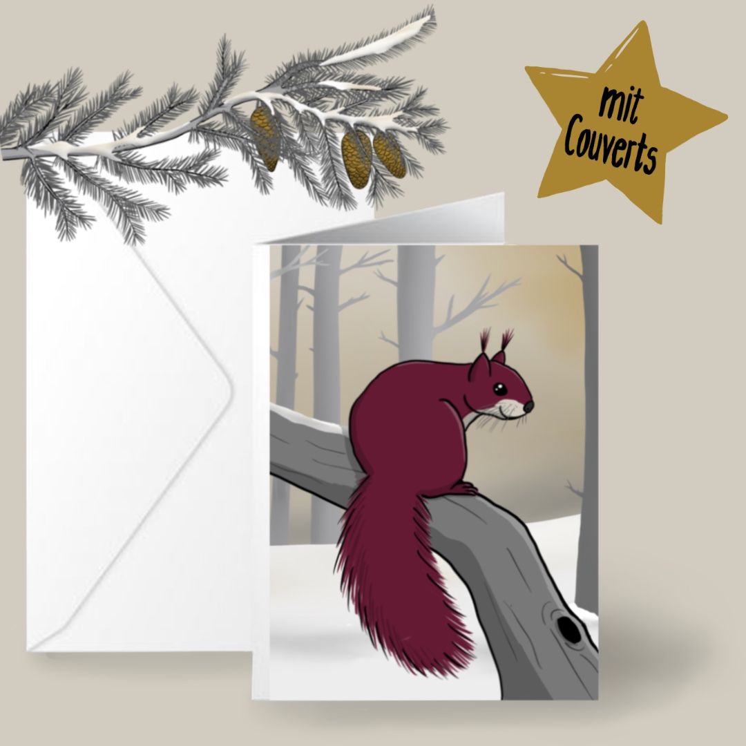 Weihnachtskarte mit einem Eichhörnchen im Wald mit Schnee, Design by speakture, inkliusive Couverts