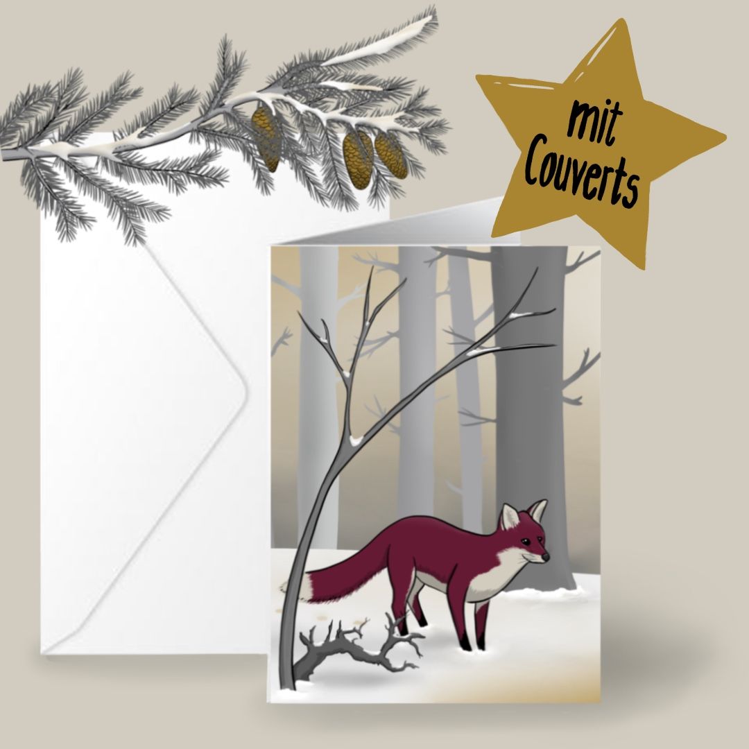 Weihnachtskarte mit einem Fuchs im Wald mit Schnee, Design by speakture, inkliusive Couverts