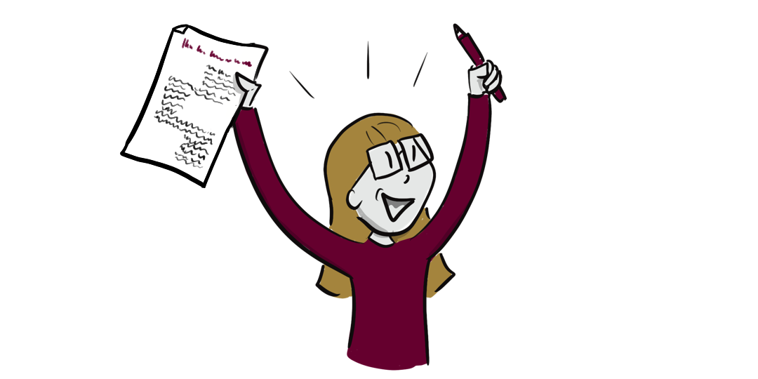 Jubelnde Frau hält Stift und Papier in der Hand - Visualisierung speakture