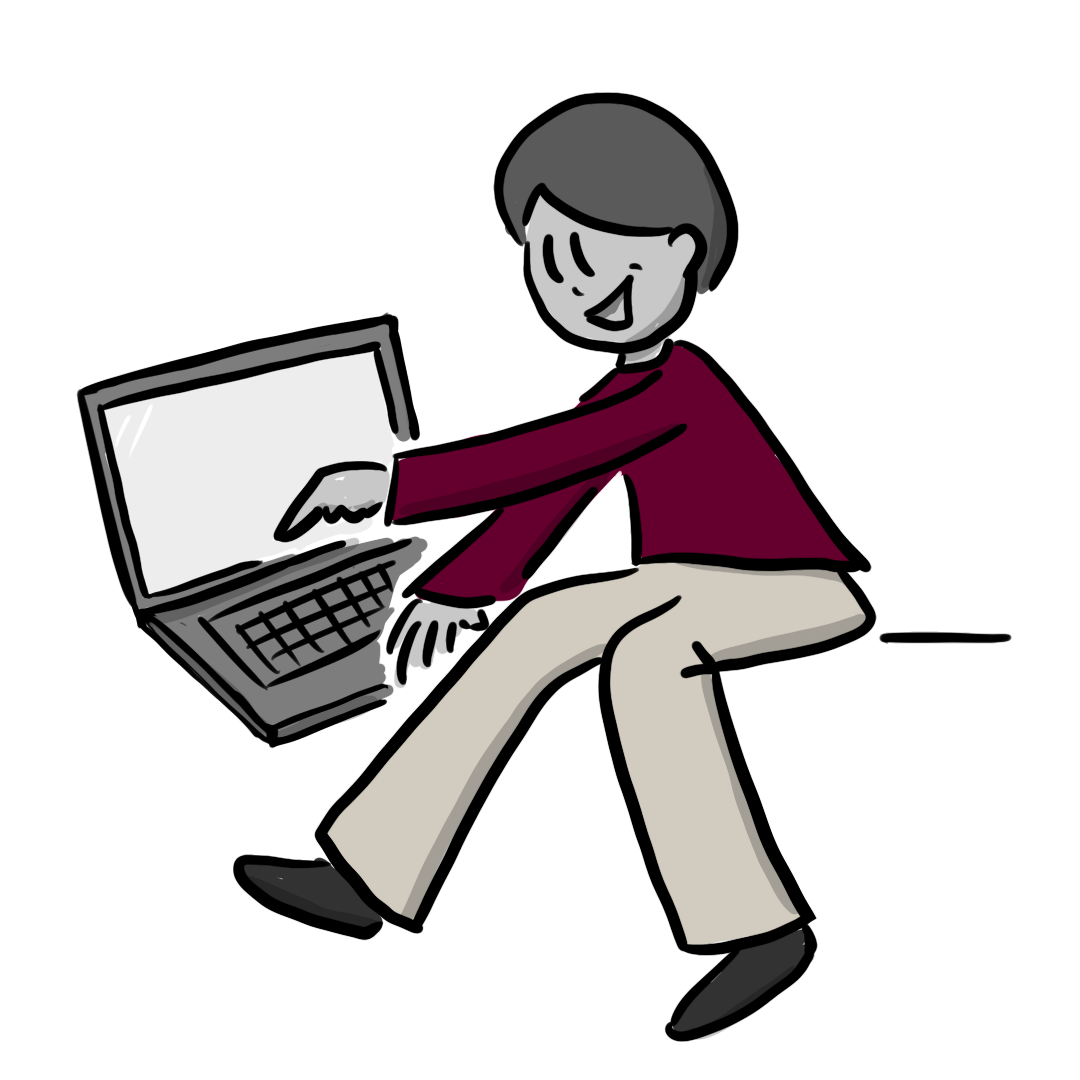 Person sitzt auf Mauer neben Laptop und tippt, Visualisierung von speakture