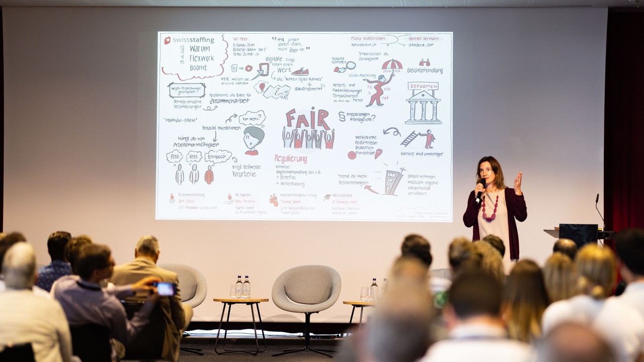 Dana Rulf von speakture vor dem Graphic Recording bei einer mündlichen Zusammenfassung des Events