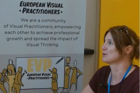 Screenshot of a video podcast with Dana Rulf from speakture, moderated by Karl Mortier. The podcast was recorded at the International Sketchnote Camp ISC in Verona 2026. The event was jointly organised by ISC and European Visual Practitioners EVP.
