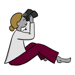 Frau mit Fernglas sitzt auf dem Boden und schaut in die Ferne, visualisiert von speakture