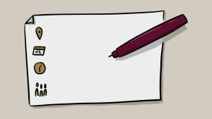 Papier und Stift mit Angaben zu Ort, Zeit, Datum, Personen, visualisiiert von speakture