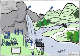 Business Visual von speakture: neutrales Beispiel, wie die Strategie und die Umsetzung als Flussüberquerung dargestellt werden können.