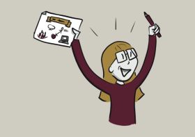 Jubelnde Frau mit Stift und Papier in der Hand, visualsiiert von speakture